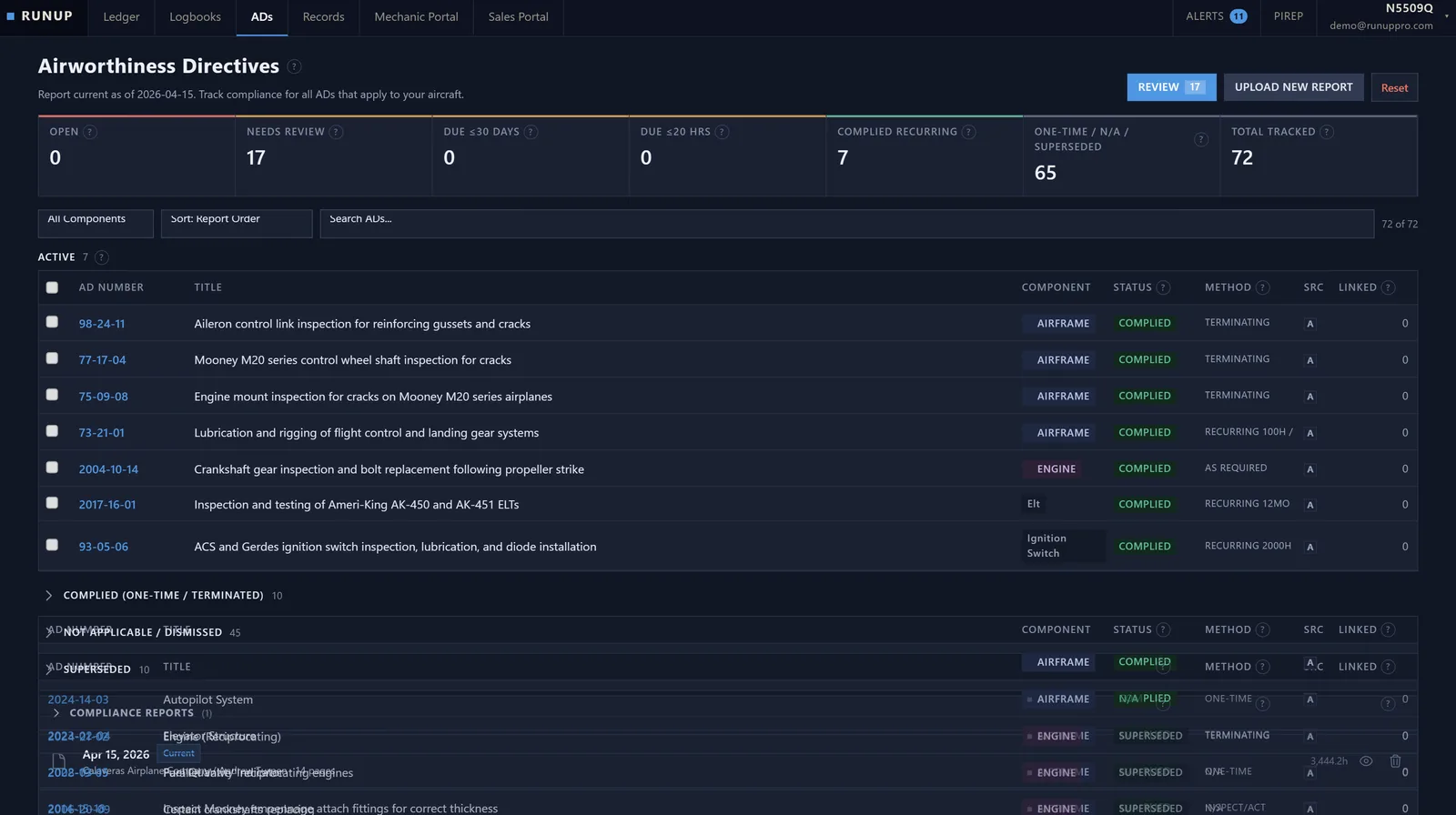 Airworthiness directive dashboard with compliance status for airframe, engine, and propeller