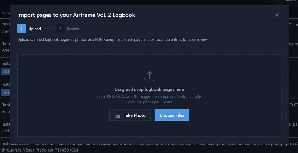 Upload dialog for importing logbook pages