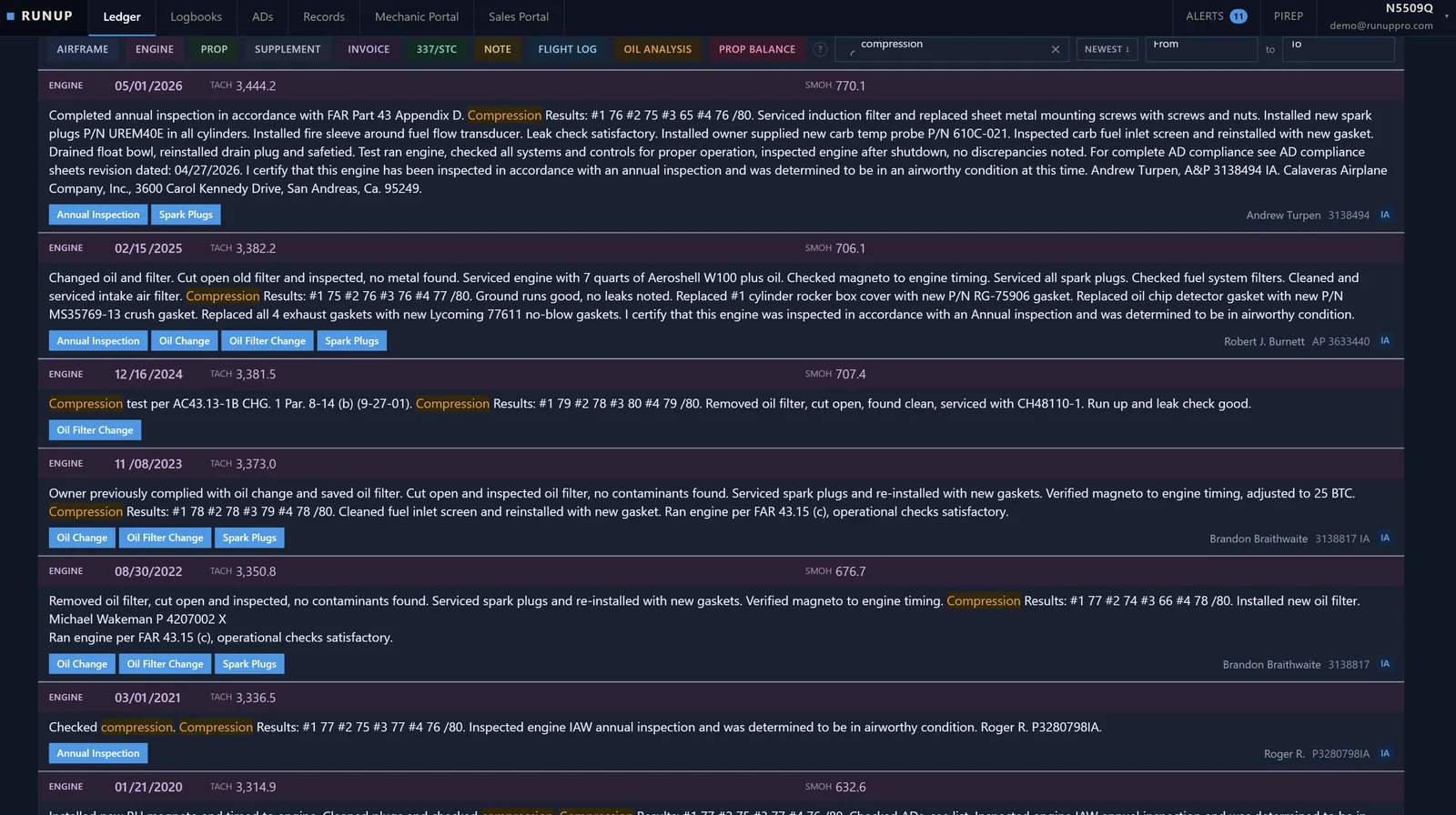 Search results for a maintenance keyword with matching logbook entries highlighted
