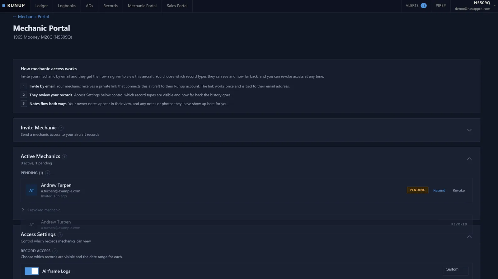 Mechanic portal management screen with an invited mechanic and access settings