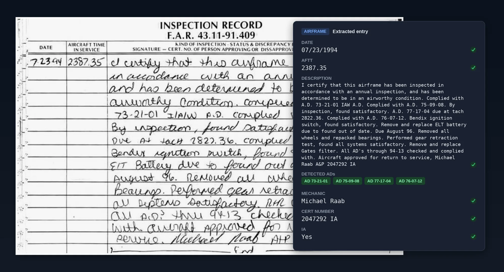 Handwritten 1994 logbook page next to the same entry extracted into a structured digital record in Runup
