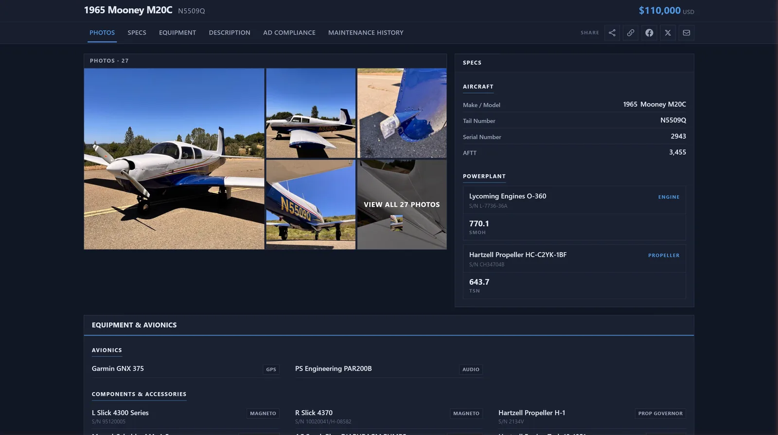 Public for-sale listing page with aircraft photos and verified maintenance records