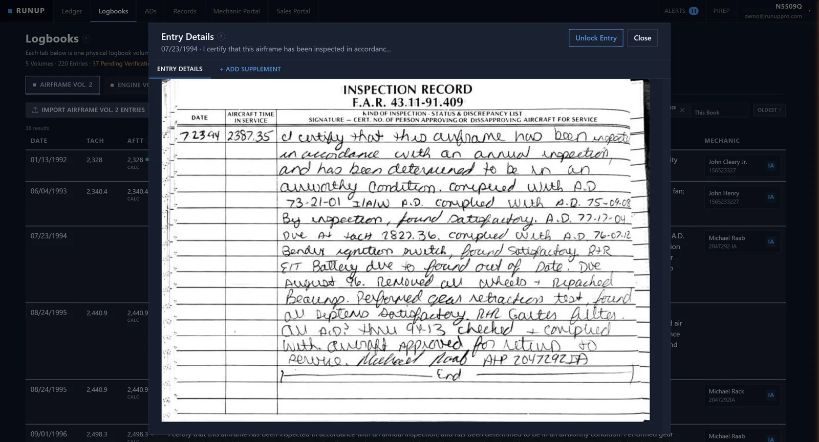 Runup entry detail with the original handwritten logbook page scan displayed inside the app