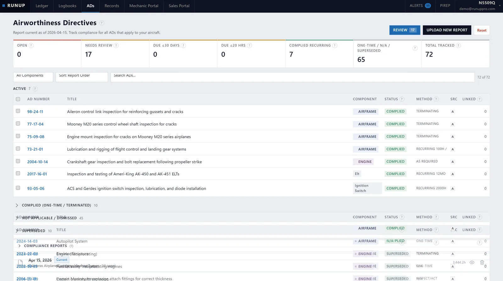 Airworthiness directive dashboard with compliance status for airframe, engine, and propeller