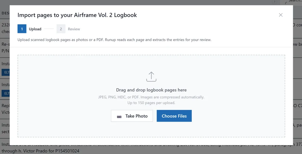 Upload dialog for importing logbook pages