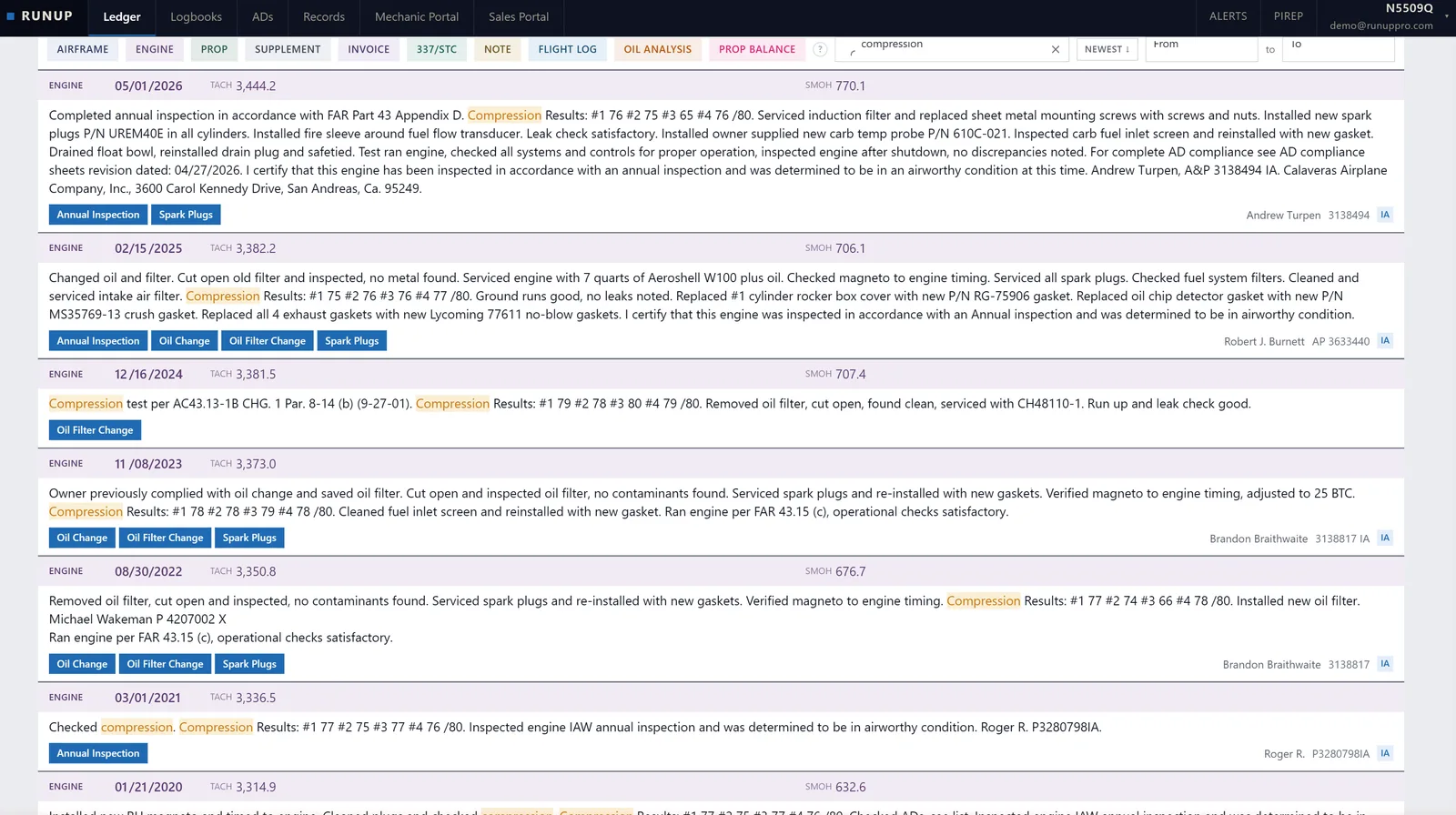 Search results for a maintenance keyword with matching logbook entries highlighted