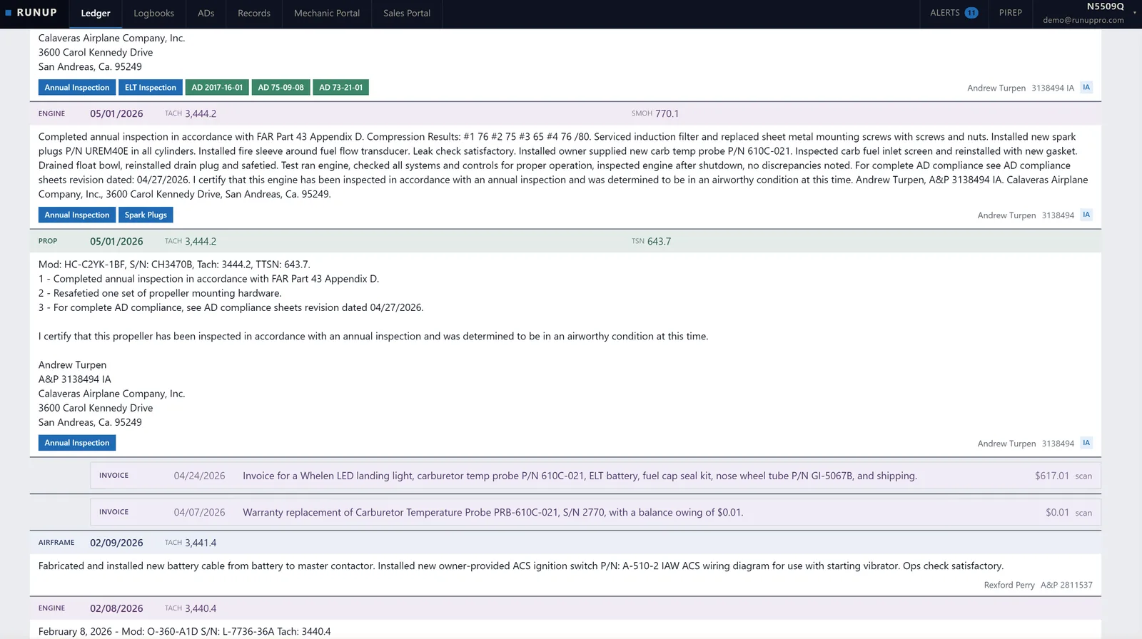 Chronological ledger mixing color-coded airframe, engine, propeller, and invoice entries
