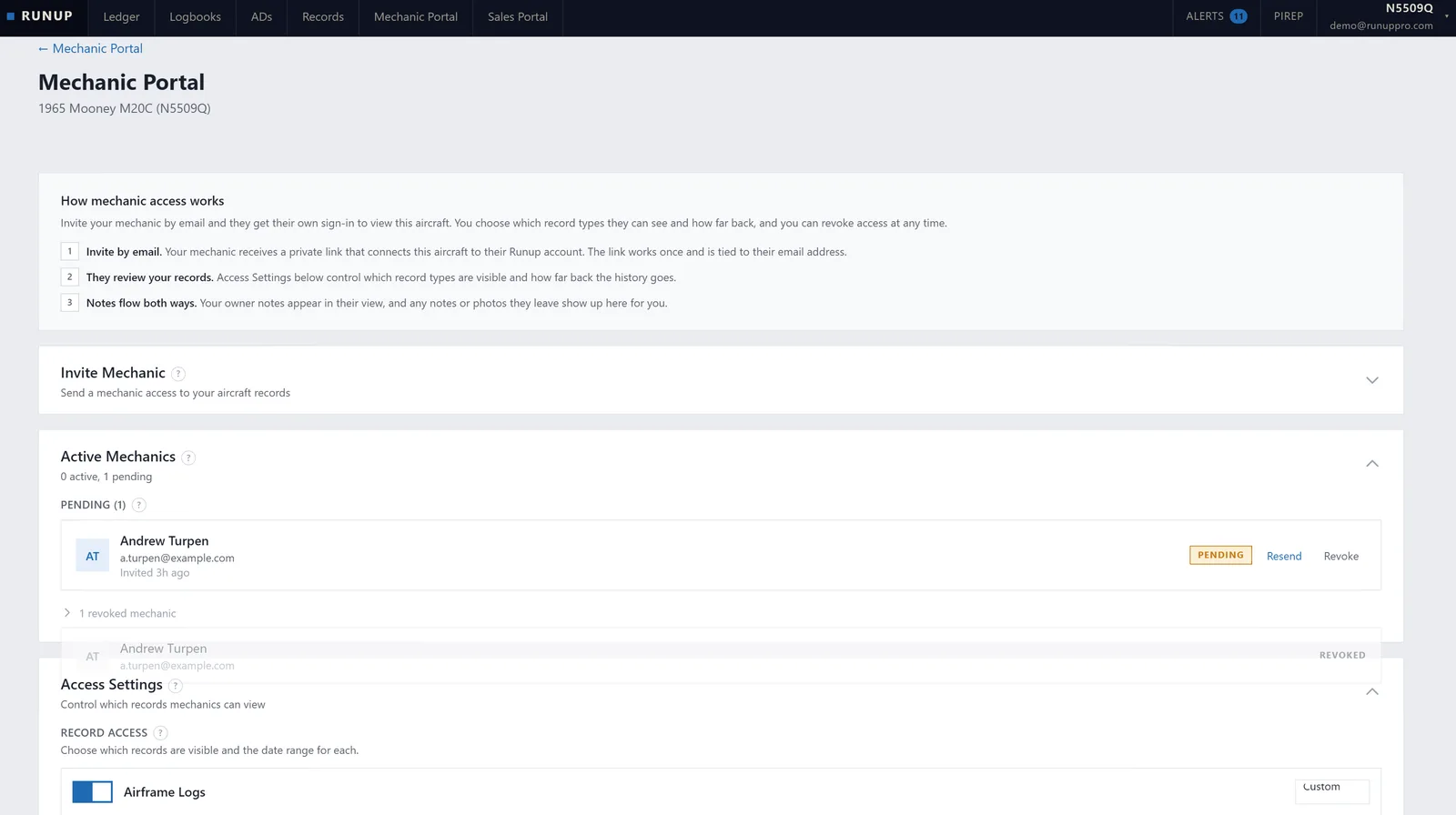 Mechanic portal management screen with an invited mechanic and access settings