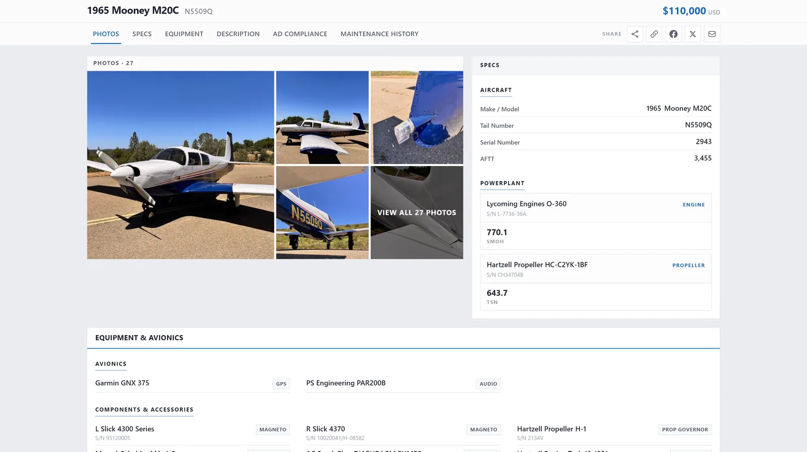 Public for-sale listing page with aircraft photos and verified maintenance records