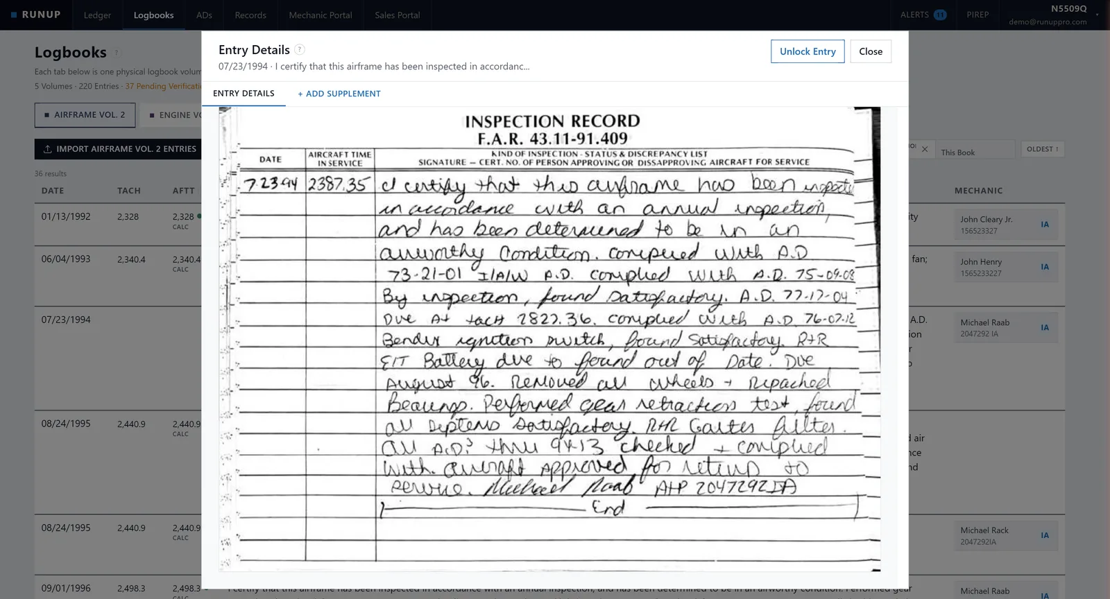 Runup entry detail with the original handwritten logbook page scan displayed inside the app